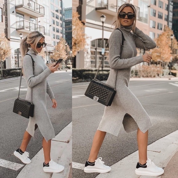 NWT Lulu’s Trendy Blogger Favorite Heather Grey Turtleneck Midi Sweater Dress - Picture 8 of 12